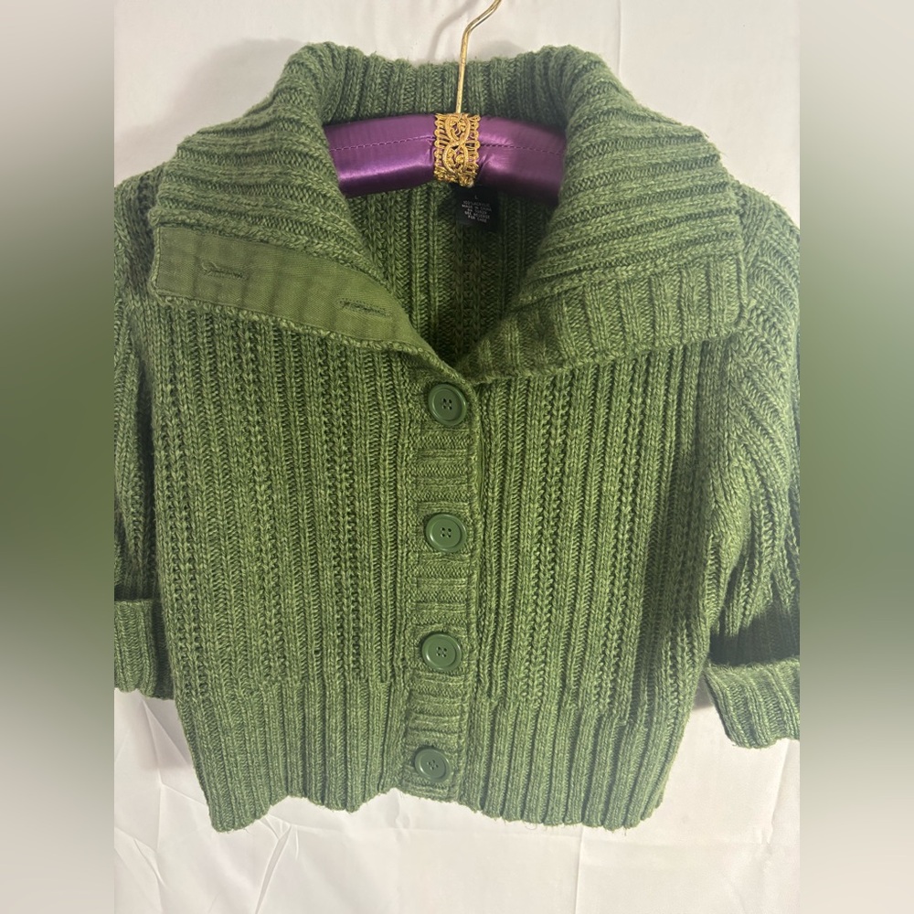 Y2K Chunky Green Cable Knit Collared Crop 3/4 Sleeve Sweater Size L - Picture 13 of 16
